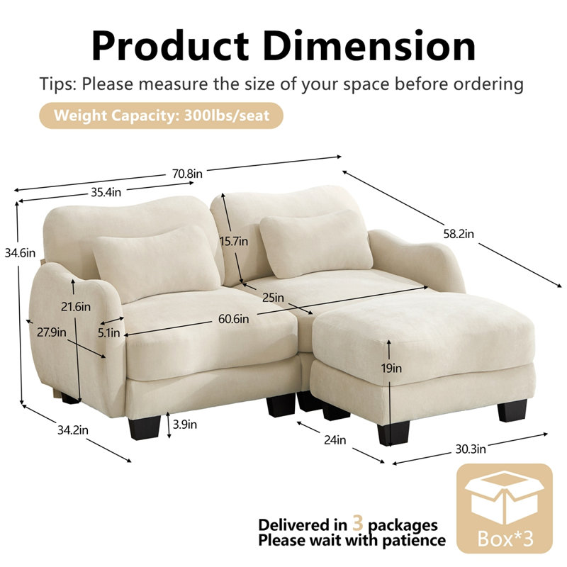 Canapé en L avec support en chenille avec coussin de taille délicate, conception ergonomique en courbe, avec repose-pieds mobile, assemblage facile pour le salon