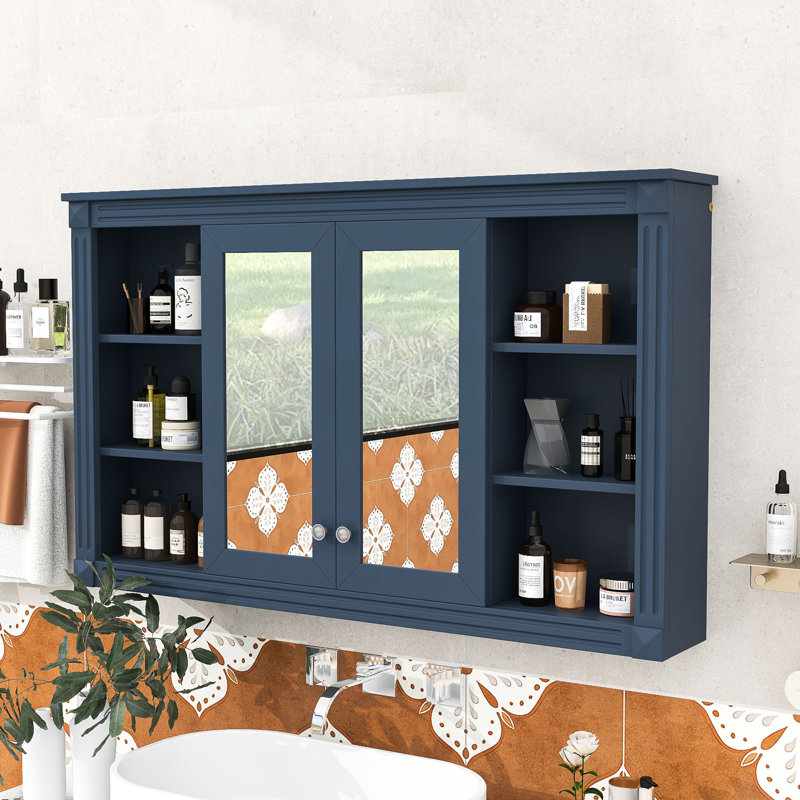 Armoire à pharmacie murale de luxe avec miroir, tablette réglable et tablettes ouvertes, Bleu
