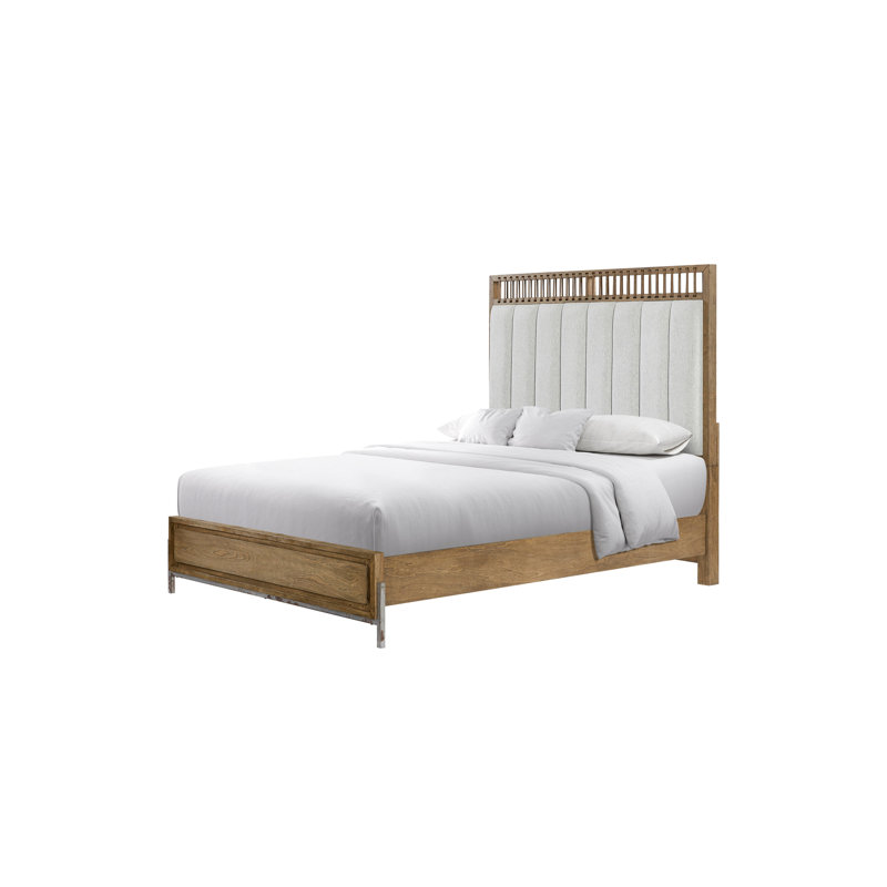 Très grand lit avec panneau et tête de lit rembourrés, finition latte, sangles en similicuir, détachement doux moderne, bois massif +, profondeur de 87,7 po, largeur de 79,87 po, hauteur de 63,78 po, poids de 171,74 lb,