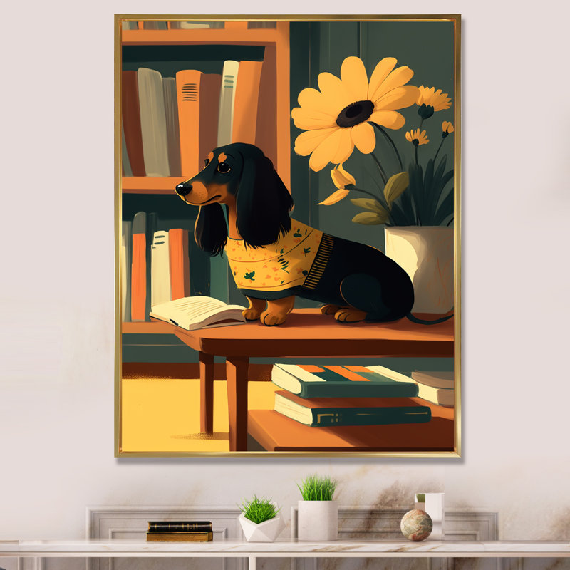 Adorable teckel avec un chandail jaune sur une chaise sur toile, H 40 po x l 30 po, Cadre flottant doré