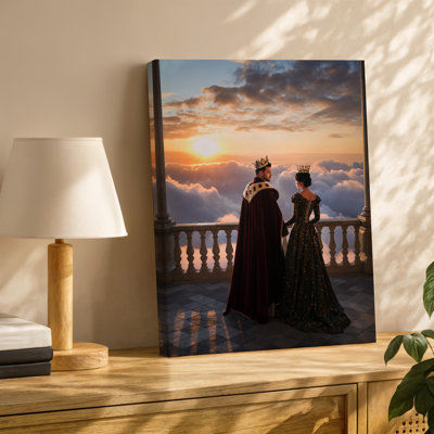 Toile, Un couple royal se dresse sur un grand balcon surplombant un art mural