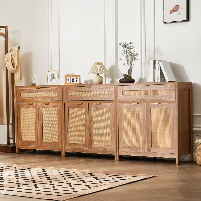 Natural Wood and Rattan Cabinet with Adjustable Shelving