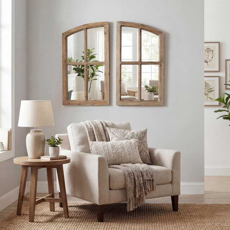 Farmhouse Arch Wood Window Pane Mirror(Set of 2), 27.25*30*1, Brown