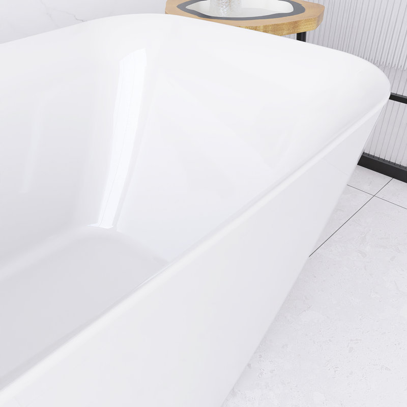 63 po X 28 po Baignoire de trempage autoportante en acrylique blanc brillant avec bonde réversible en chrome