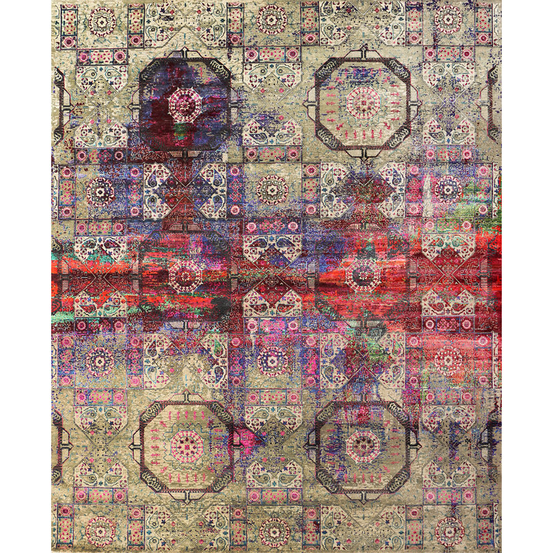 Tapis brun clair et multicolore de haute qualité noué à la main, Rectangle 9 pi x 12 pi