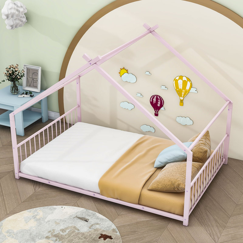 Metal House Bed, Full, Pink