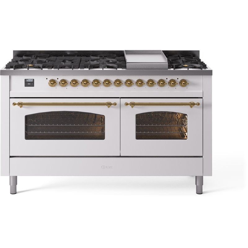 ILVE Nostalgie II 60 Dual Fuel Range, 9 Burners, Griddle, Natural Gas, White/Brass