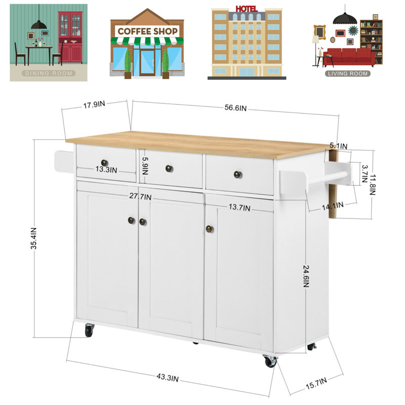 White Kitchen Island With Wood Countertop, Storage Carts Cabinets For Kitchen & Dining, With 3 Drawers And Storage Cabinet Towel Rack & Lockable Wheels For Versatile Kitchen Organization