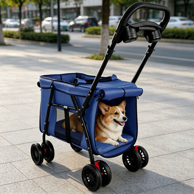 Poussette pour animaux de compagnie, conception pliable à 4 roues, poussette respirante en maille pour chat avec roues antichoc, système de frein, plateau de rangement, 2 laisses de sécurité fixes, grand espace pour petits animaux de compagnie de taille moyenne, bleu marine
