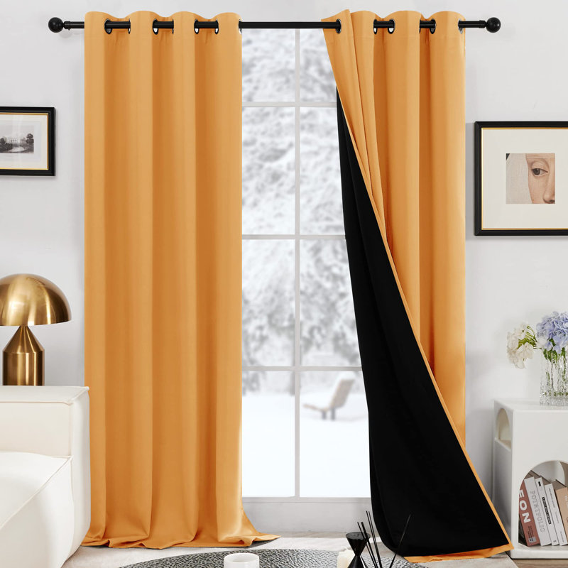 Bursaite 100 Percent Blackout Double Layers Lined Curtain Panel Pair, 52" W x 63" L, Orange Flame