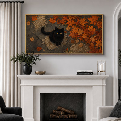 «Black Cat with Orange Autumn Leaves Seasonal Animal Decor Extra Large», reproduction d'art sur toile encadrée