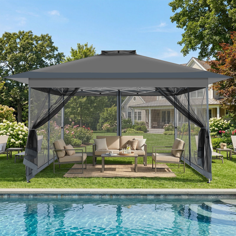 Auvent 10 x 15 pi avec auvent et moustiquaire pour la pelouse, le jardin, la cour et le patio, Gris