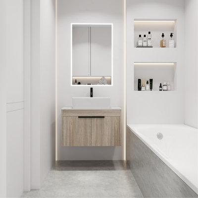 Ensemble de meuble-lavabo moderne 30 po avec lavabo en céramique, meuble-lavabo mural en chêne blanc avec porte à fermeture en douceur