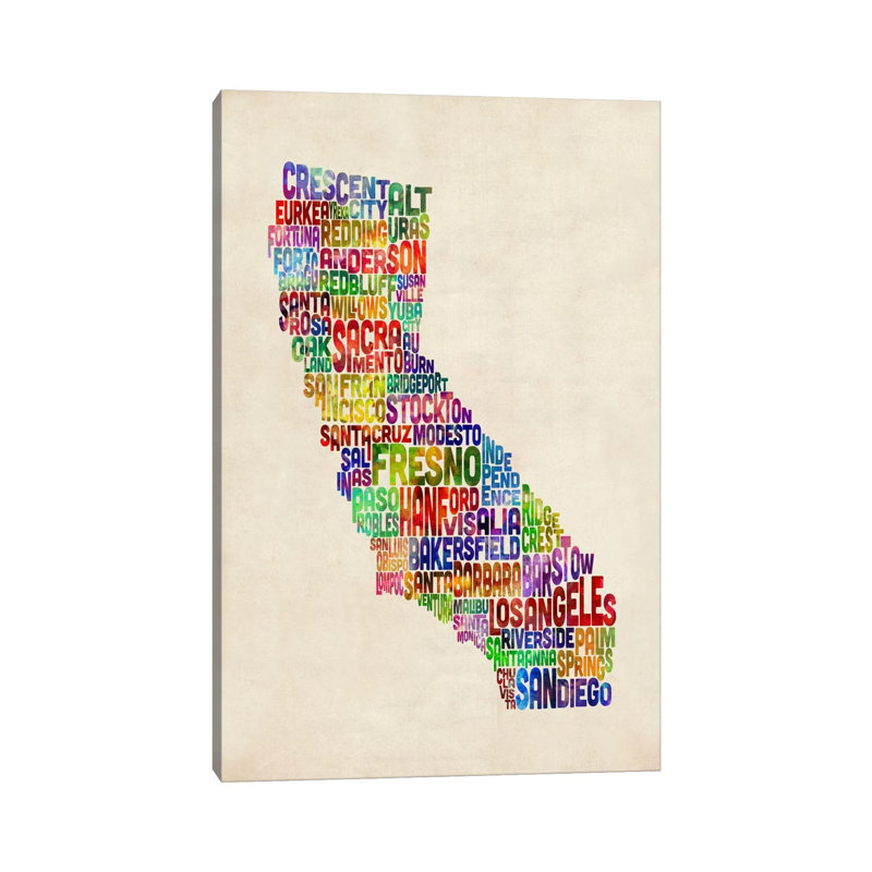 California Typography Text Map by Michael Tompsett - Wrapped Canvas Painting, 20.32 cm H x 30.48 cm W