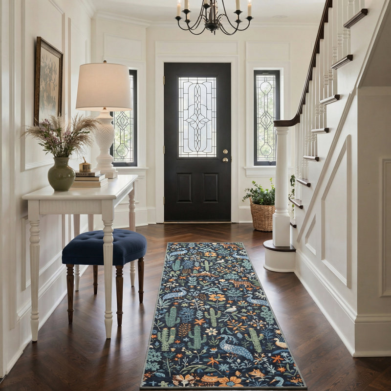 Aarna Midnight Forest Folk Art Animals & Botanical Kids Area Rug, Machine Washable, Inspired Faux Wool - High-Rebound Foam & Non-Slip Backing