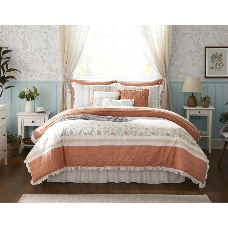 9 Piece Comforter Queen Coral - Cotton Fabric, Design Bedding, 2 Shams, Euro 3 Decorative Pillows, , Wrinkle- Bedding , Paisley Pattern, Flame Fabric