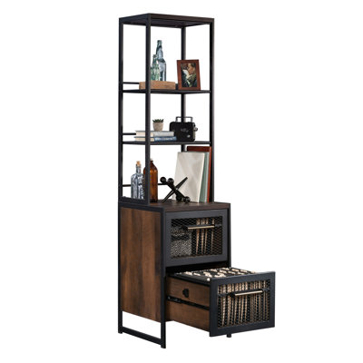 Bibliothèque brune brune, style moderne pour divers espaces de la maison, finition grise au look harmonieux, espace de rangement quotidien spacieux, tablette ouverte et tiroir avec glissières faciles à assembler, assemblage rapide,