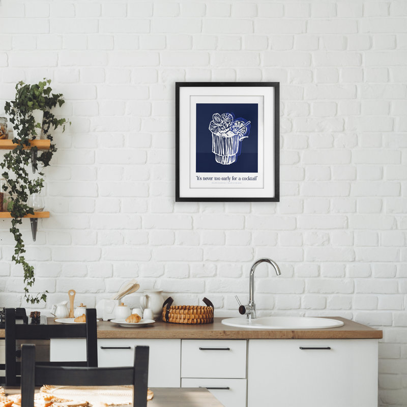 «Never Too Early Drink», reproduction sous verre encadrée, design par lettré et doublé, H 16 po x l 13 po, Cadre noir minuit