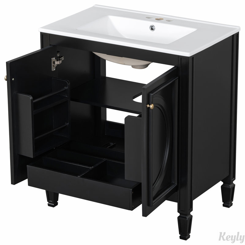 Meuble-lavabo de style rétro 30 po avec lavabo, Noir, noir, noir, noir