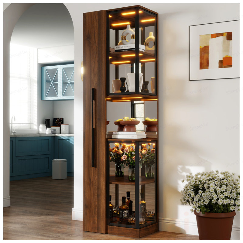 Vitrine moderne avec portes en verre et rangement coulissant à plusieurs niveaux, polyvalente pour la maison et le bureau