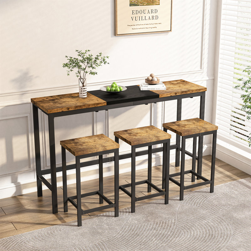 Modern Design Kitchen Dining Table, Pub Table, Long Dining Table Set with 3 Stools, Easy Assembly, Natural/Black