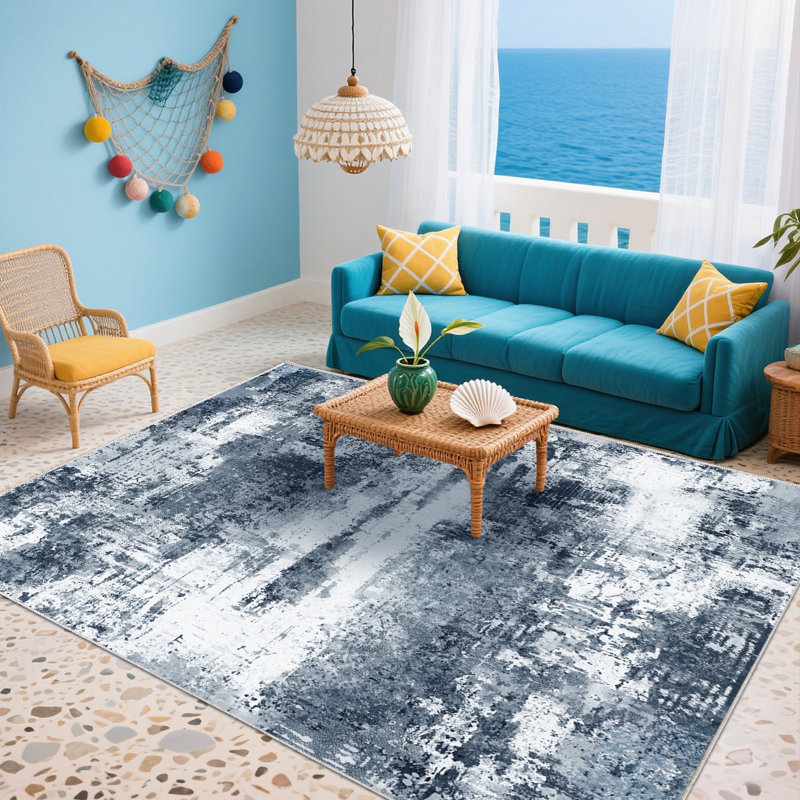 8x10 Low Pile Carpet, Washable Low Pile Area Rugs for Living Room, Blue Modern Abstract Rugs for Bedroom Dining Room Table Home Decor Use, Large Tumble Rug for High Traffic Area, Non Slip