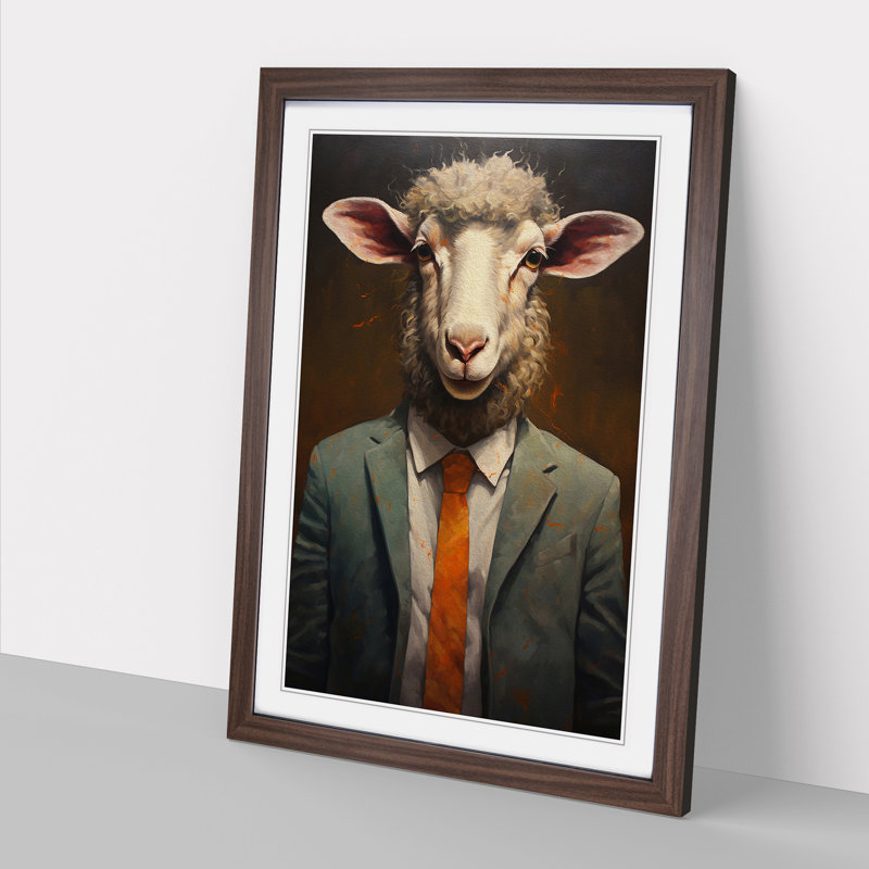 Sheep In A Suit Painting No.2 - Single Picture Frame Print on Wood, Walnut Framed, 46cm H x 34cm W