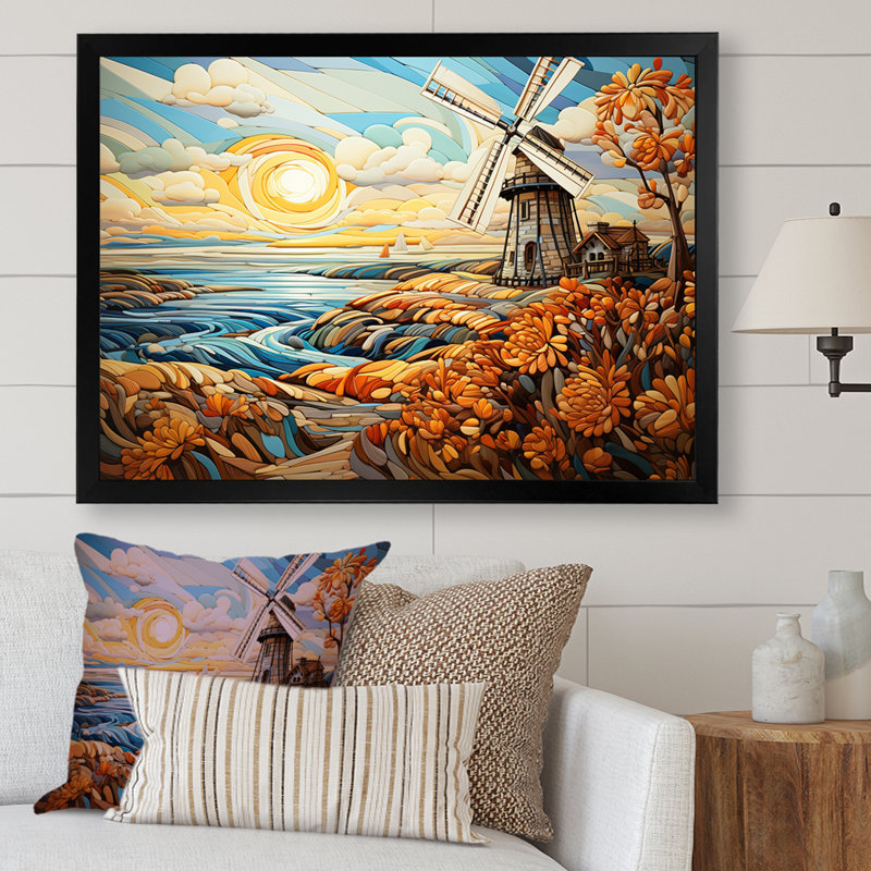 Windmill Coastal Breeze - Wind Turbines, art mural, Cadre d'angle fermé noir, H 12 po x l 20 po x P 1 po