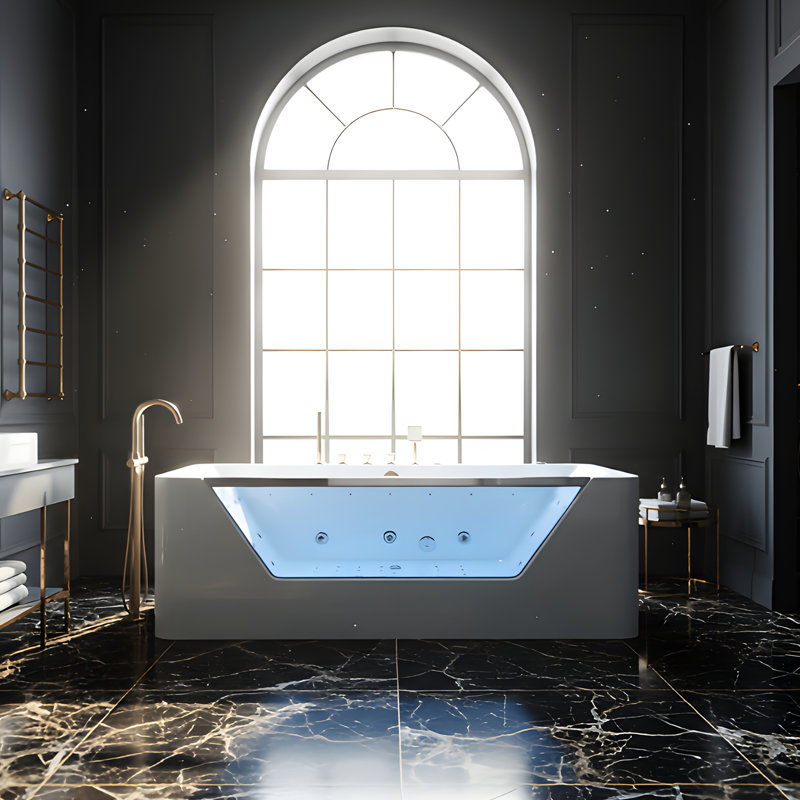 67" Jetted Bathtub, 7 Jets, 89 Gallons, White - , , Comfortable Angle 750W Long, Hydro Massage, Seating, Tempered Glass Panel