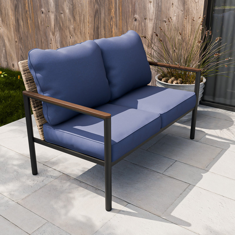 Causeuse avec accoudoirs et coussins en bois, Bleu