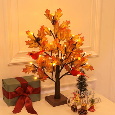 Artificial Maple Tree Fall Light, 24 LED Art Decor Table Lamp for Indoor Home Decoration, Red Birds