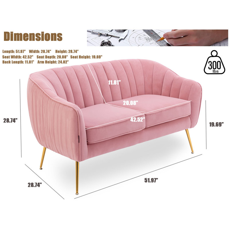 Velvet Sofa Couch With Gold Finished Legs, Pink