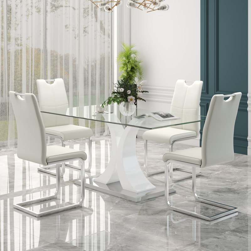 Ensemble de salle à manger moderne à piédestal rectangulaire en verre trempé avec chaise en similicuir, 5, Blanc, Blanc