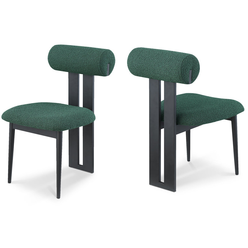 Chaise de salle à manger rembourrée Dario, Noir mat, Tissu bouclé vert