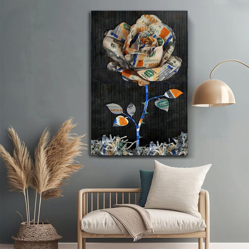 Collage de billets de banque « Rose et Argent » - Impression d'art mural sur toile tendue sur châssis, 91,4 cm (H) x 61 cm (L), prête à être accrochée pour la maison, le bureau, le salon ou la chambre.