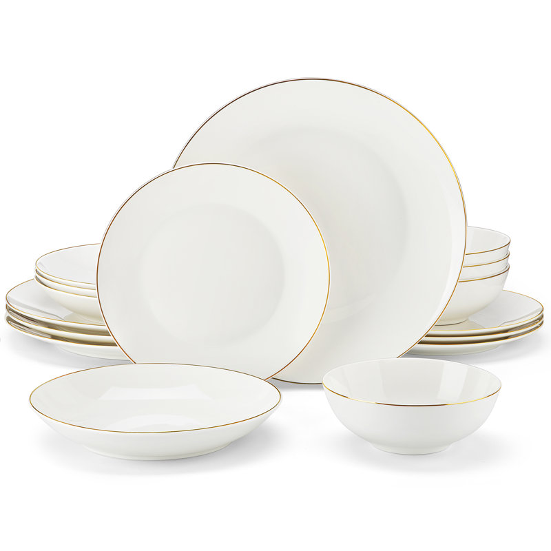 Service de table 16 pièces en porcelaine fine à bordure dorée pour 4 personnes, assiettes et bols à soupe classiques, idéal pour les repas formels et les cadeaux.