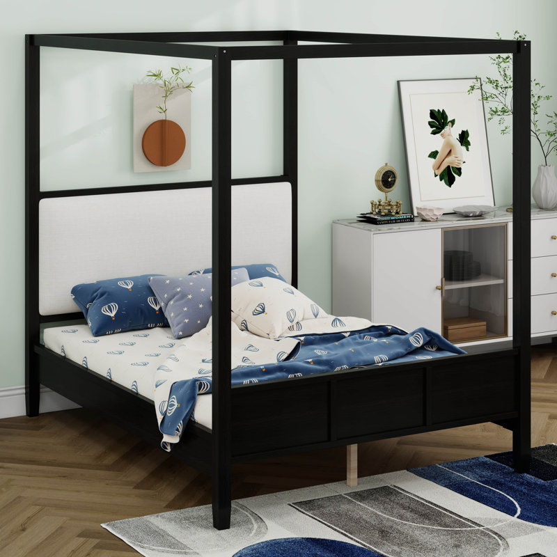 Lit à baldaquin en bois avec tête de lit tapissier, lit plateforme en bois avec 4 affiches, Queen, Black