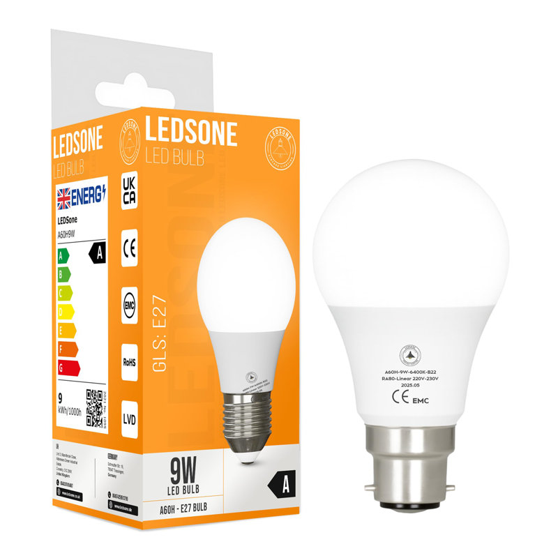 6 Pack LED B22 A60 Light Bulb 9W (100W Equivalent) Cool White 6400K Bayonet 820Lumens GLS Golf, Non-Dimmable, CRI 80 Modern Style Home Lighting Decoration Bulb