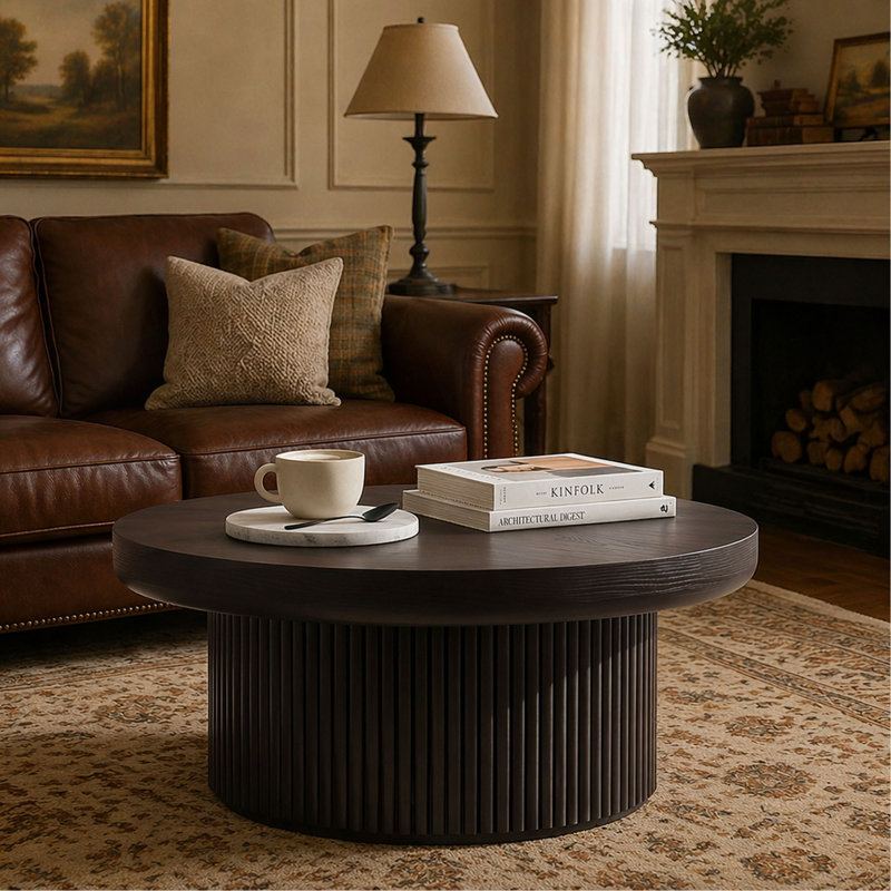 Table basse 33,5 po ronde cannelée avec plateau en bois véritable et base cylindrique, plateau de table épaissi, table basse Mid-Century
