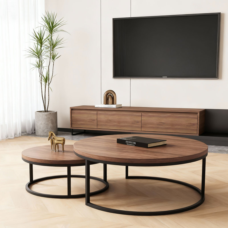 Ensemble de tables basses gigognes 31,5 pouces pour salon avec plateau en bois et base en métal, Brun