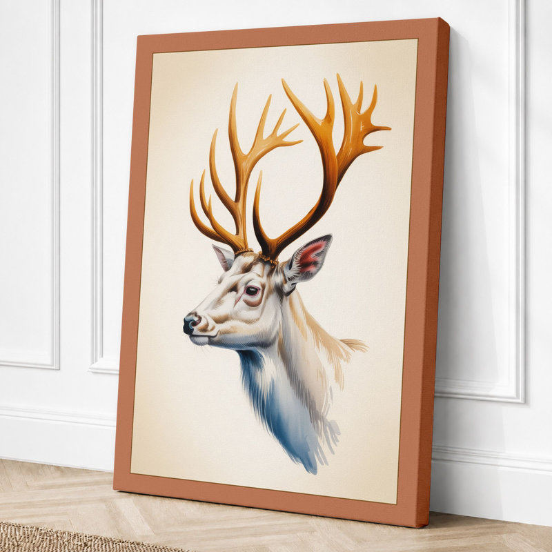 Gentle Deer in Profile Botanical 1 Piece Wrapped Canvas Wall Art, 30x20 - 76.2 x 50.8 cm, Terracotta Border