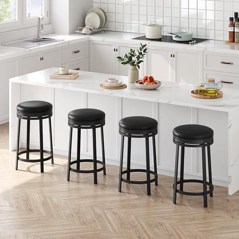 24" Swivel Bar Stools Set of 4, PU Leather Seat, Metal Frame, Backless, Kitchen Island, Black, 4, Black