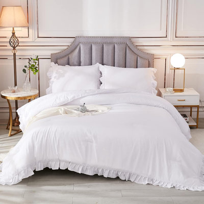 White Comforter Full Size, 3 Pieces Solid Farmhouse Shabby Chic Ruffle Bedding Sets, All Season Soft Lightweight Comfy Down Alternative Bed Set For Girls Teens Men Women