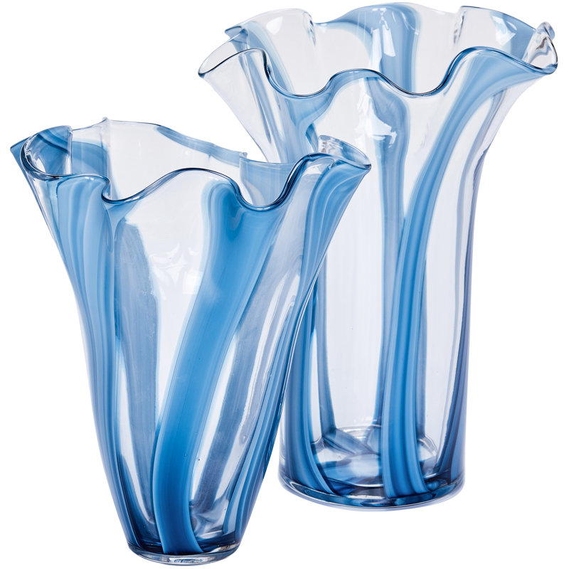 Handblown Glass Table Vase Set of 2 with Ruffled Rim and Striped Design, Blue, 12" H x 9" D, Blue