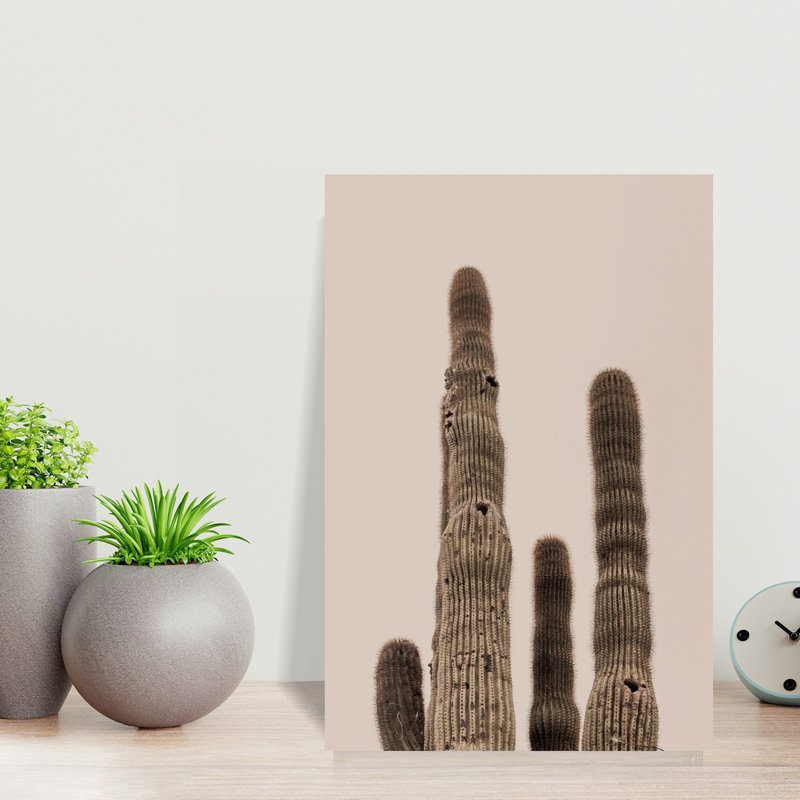 Désert, cactus au soleil, ciel chaud rose abstrait, art mural contemporain, H 18 po x l 12 po