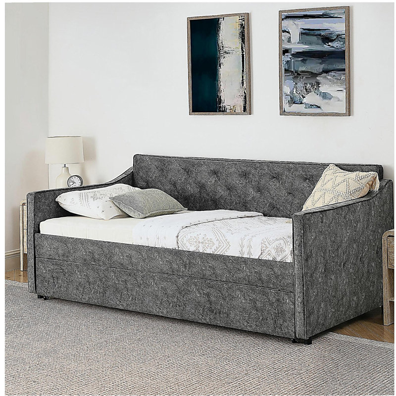 Lit de jour simple rembourré avec lit gigogne escamotable simple et conception de chargement USB, Gris