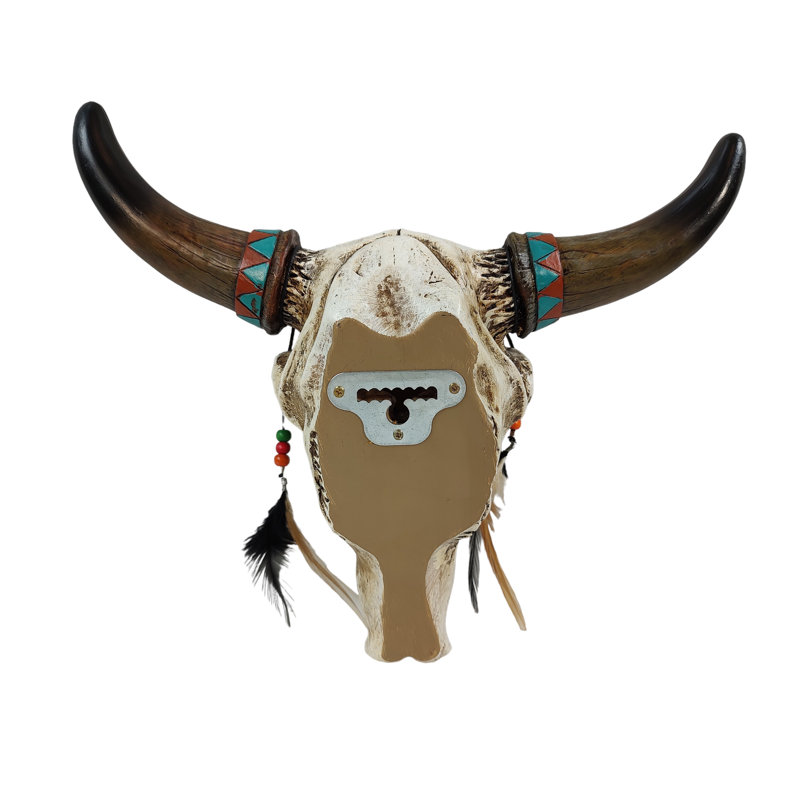Southwest Tribal Bull Skull with Feathers and Beads Wall Decor