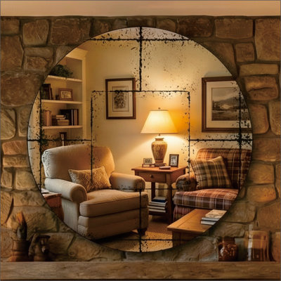 Indra 36x36 Inch  Vintage Industrial  Round Wall Mounted Mirror with Iron Frame for Bedroom, Living Room, Dining Room