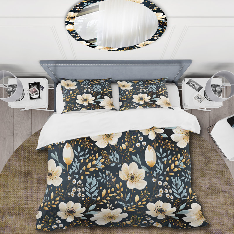 Literie Watercolor Black And White Floral Pattern, Housse de couette pour grand lit et 2 taies décor