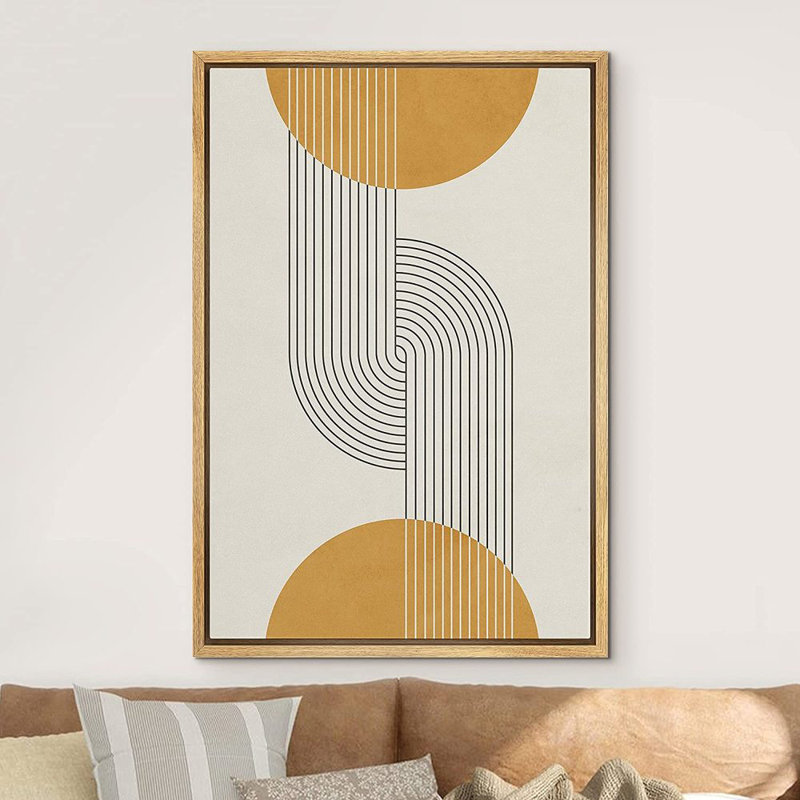 Mid-Century moderne, Boho, dessin au trait foncé, illusions avec sphères jaunes - impression sur toile, L 24 po x H 36 po